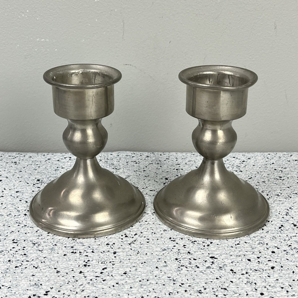 Vintage HANLE Pewter Candlesticks Pair ATC Distinctive American MCM Holders